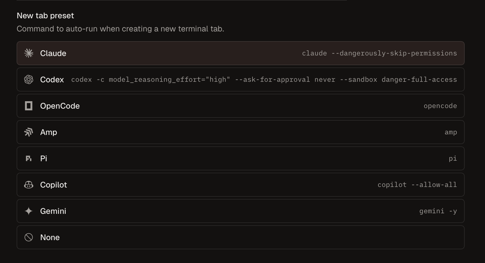 Terminal presets